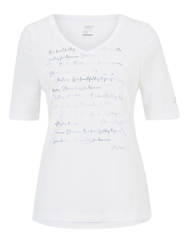 Joy Sportswear T-Shirt ARIA T-Shirt mit V-Ausschnitt und sanftem Schrift-Print Fabrikpreis