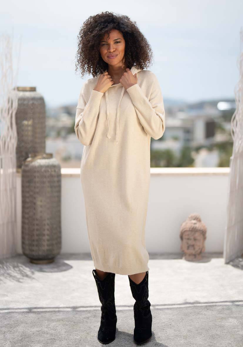 Miss Goodlife Dress Knitted Hoodie long – creme Weihnachtsangebot