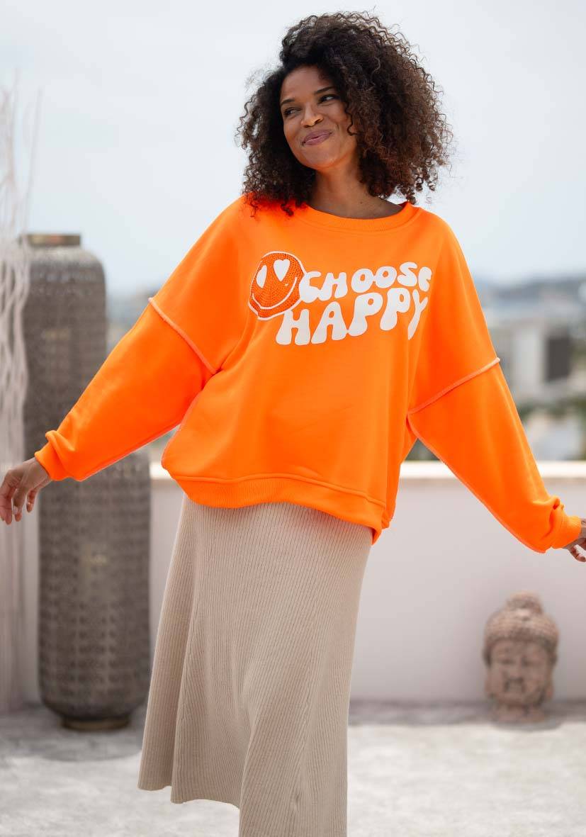Miss Goodlife Roundneck Choose Happy Strass – neonorange Outlet