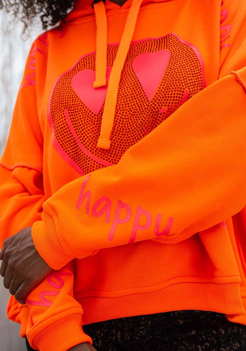 Miss Goodlife Hoodie Happy Heartface Strass – neonorange Begrenzte Freigabe
