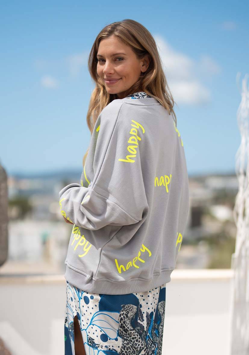 Miss Goodlife Roundneck Happy Heartface Strass – grey Letzte 2 Tage