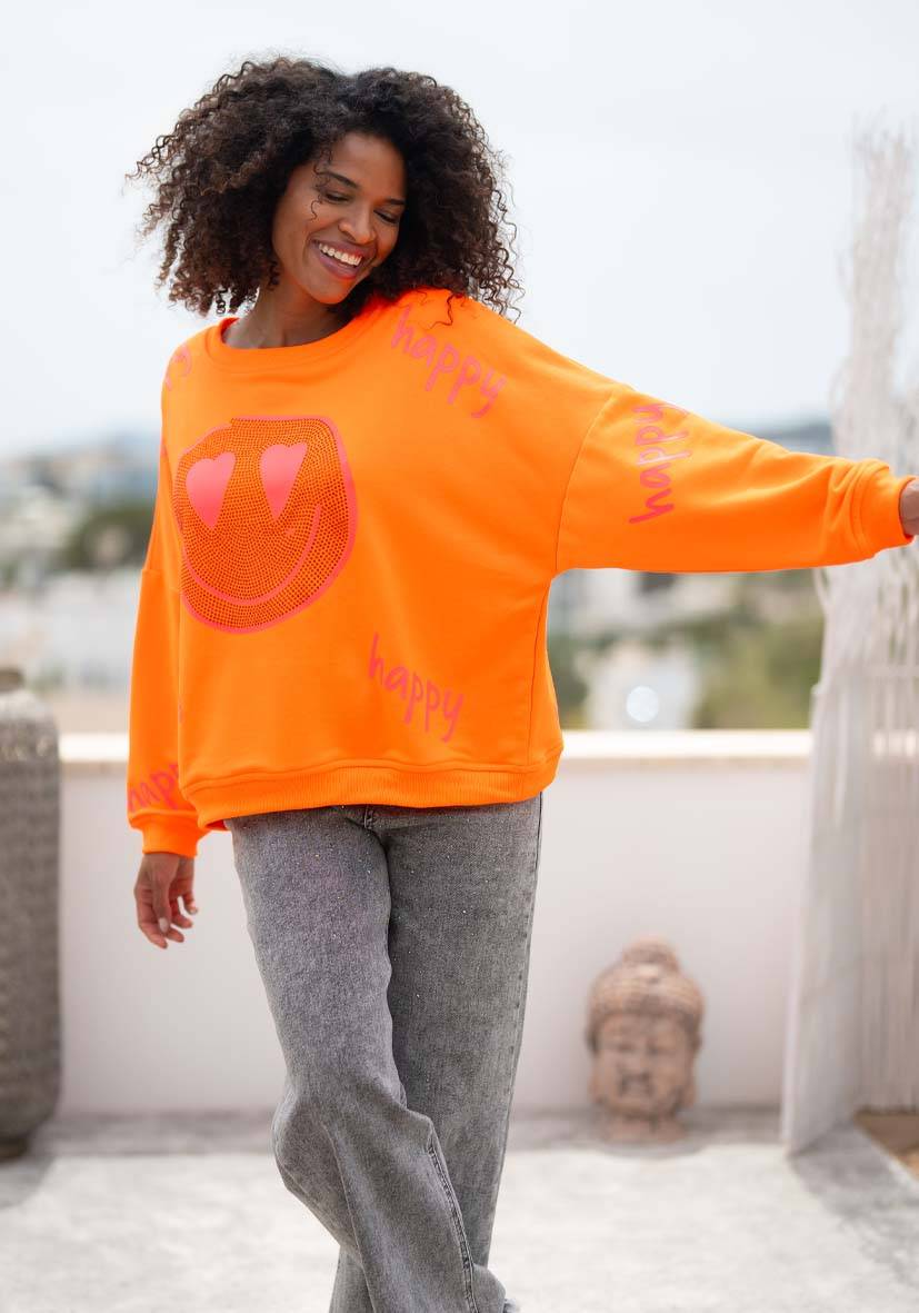 Miss Goodlife Roundneck Happy Heartface Strass – neonorange Zeitbegrenzte Promotion