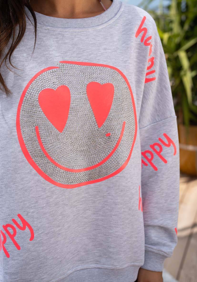 Miss Goodlife Roundneck Happy Heartface Strass – lightgrey Bis zu 50% Rabatt