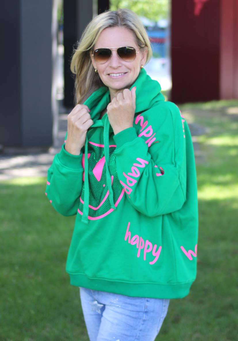 Miss Goodlife Hoodie Happy Heartface Strass – green Nur noch ein Tag übrig