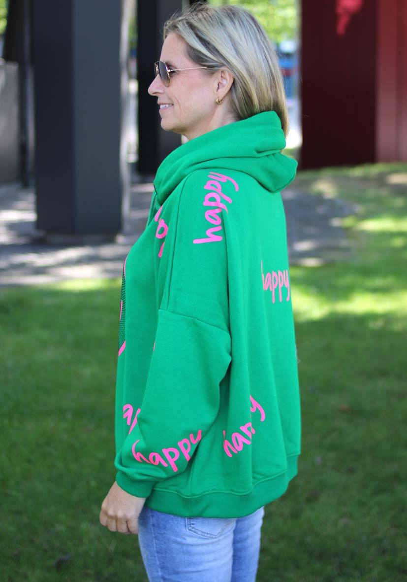 Miss Goodlife Hoodie Happy Heartface Strass – green Nur noch ein Tag übrig
