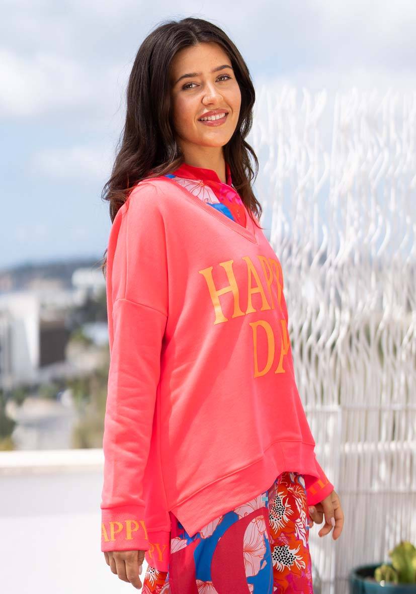 Miss Goodlife V-Neck Happy Day – neonpink Auslauf