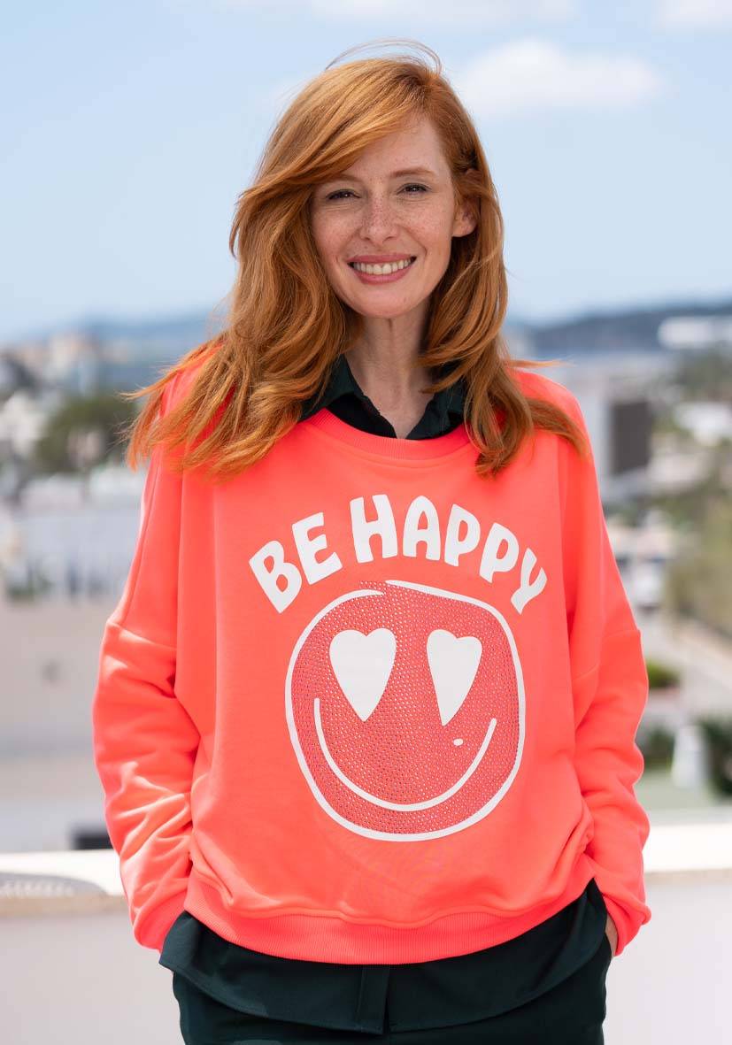 Miss Goodlife Roundneck Be happy Heartface Strass – neonpink Cyber Monday