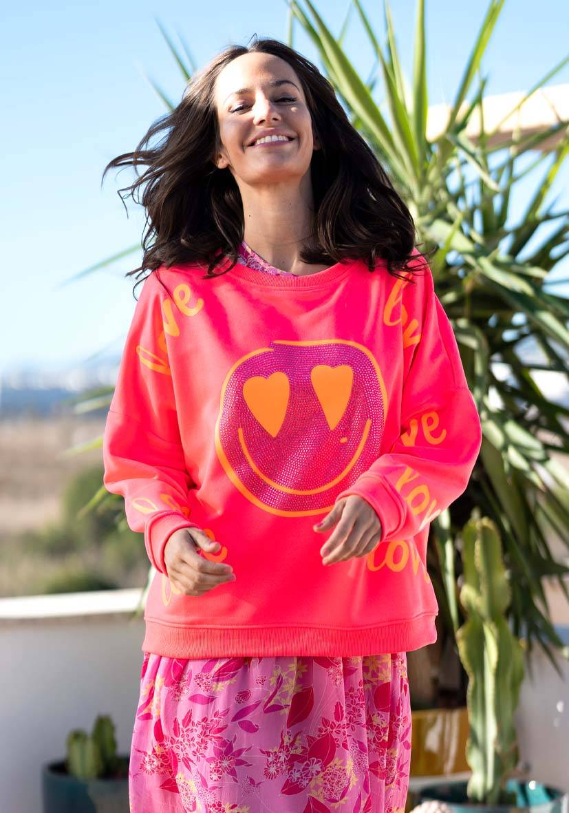 Miss Goodlife Roundneck Love Heartface Strass – neonpink Zeitlich begrenztes Angebot