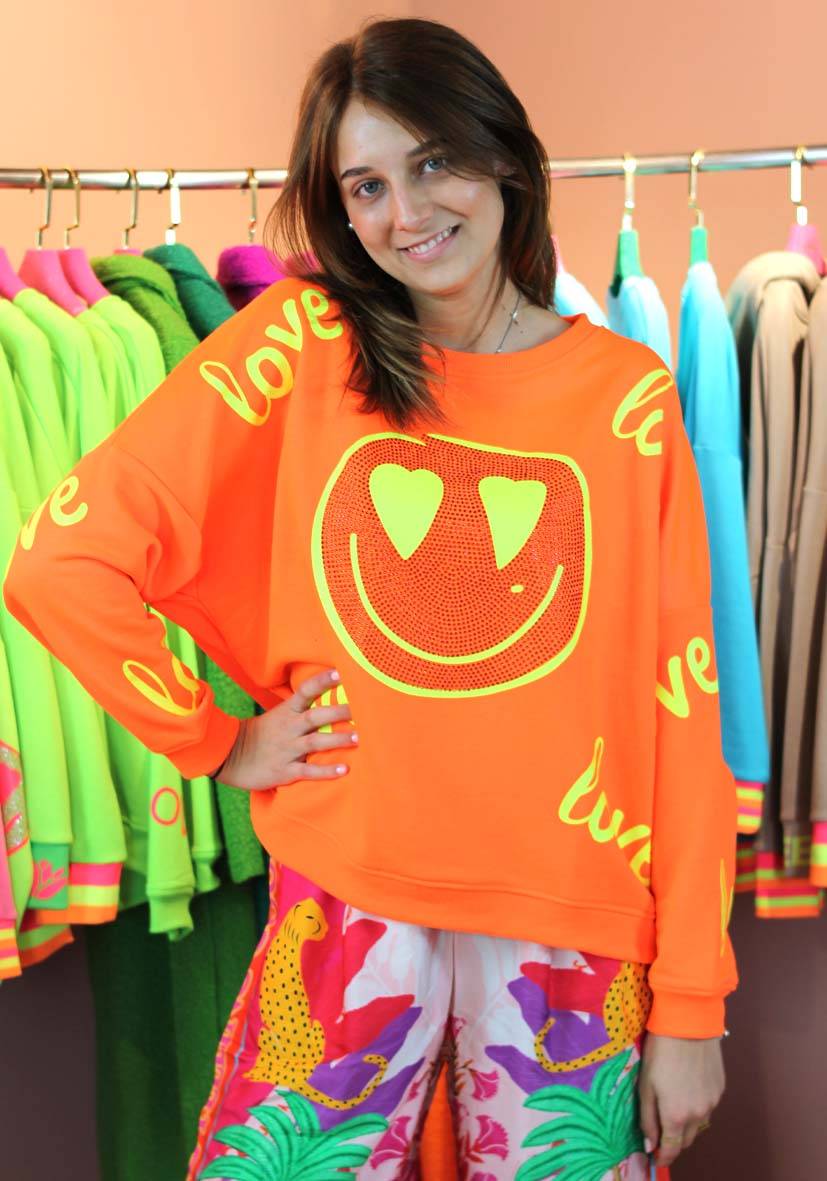 Miss Goodlife Roundneck Love Heartface Strass – neonorange Bestseller