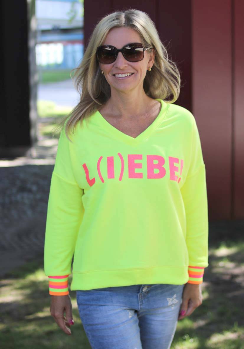 Miss Goodlife V-Neck L(i)ebe Glitter – neonyellow Sonderangebot der Fabrik