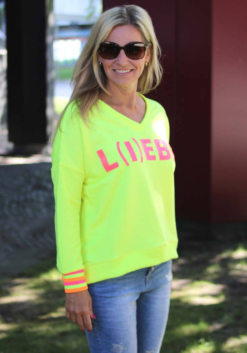 Miss Goodlife V-Neck L(i)ebe Glitter – neonyellow Sonderangebot der Fabrik