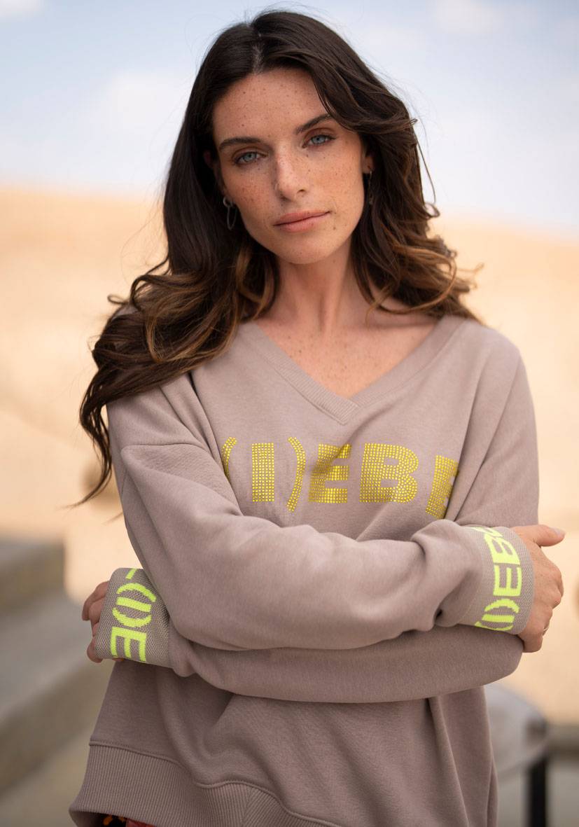 Miss Goodlife V-Neck L(i)ebe Strass – sand/neonyellow Super Rabatt