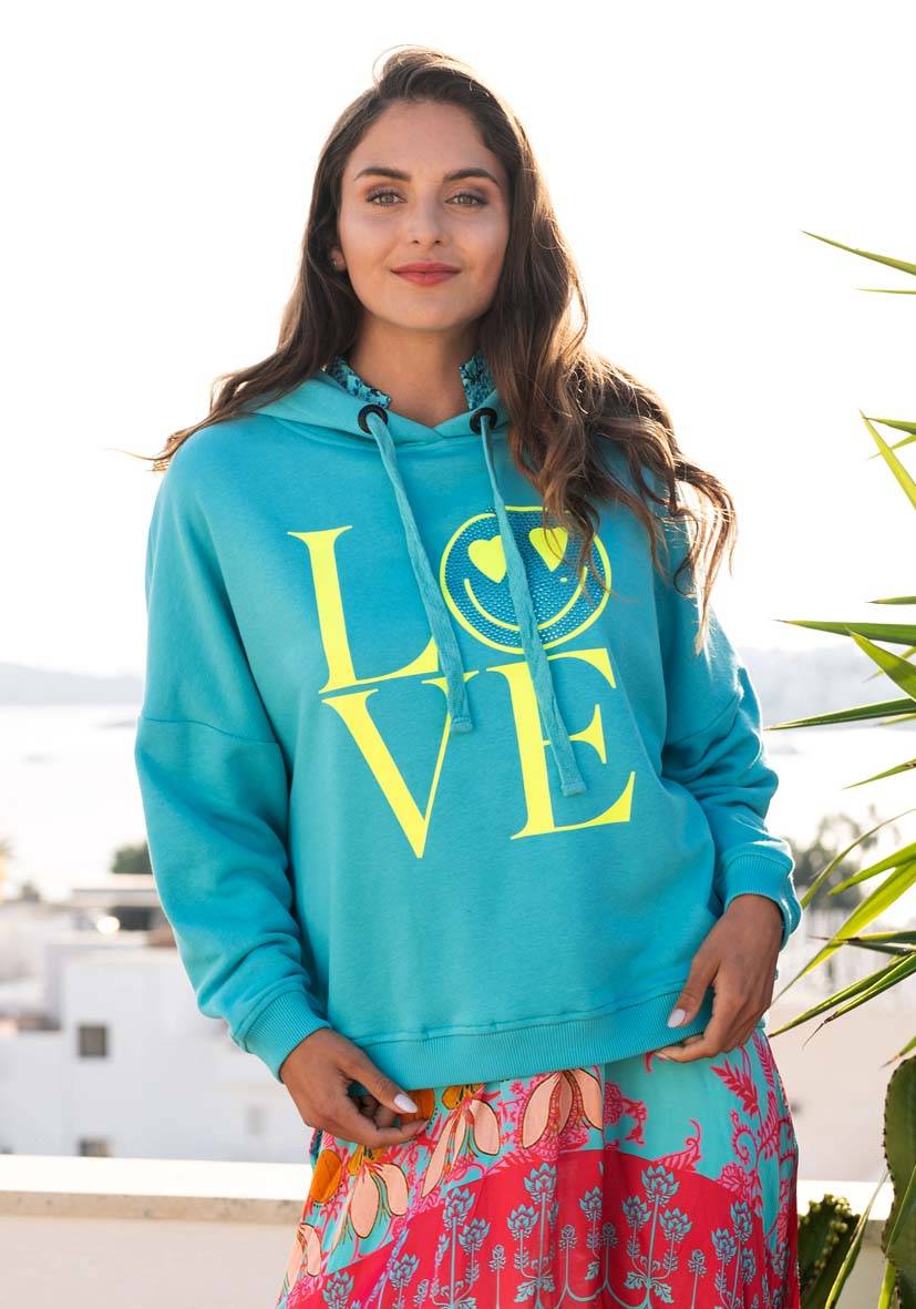 Miss Goodlife Hoodie Love Heartface – turquoise/neonyellow Speichern exportieren