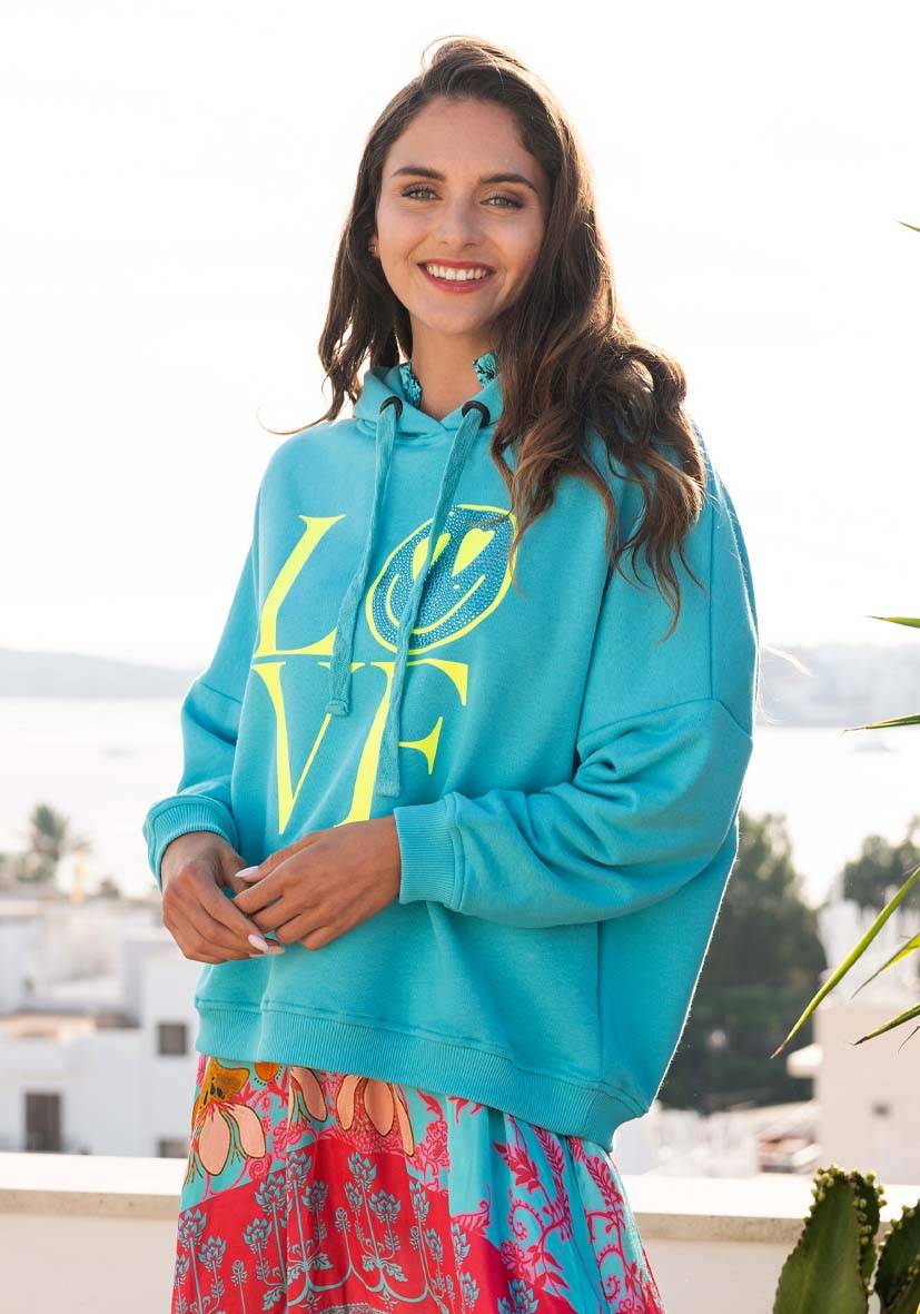 Miss Goodlife Hoodie Love Heartface – turquoise/neonyellow Speichern exportieren