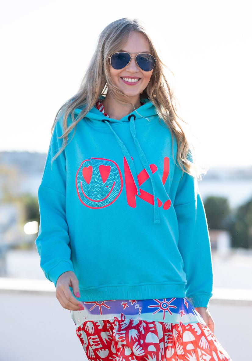 Miss Goodlife Hoodie OK! Heartface – turquoise/neonpink Angebote