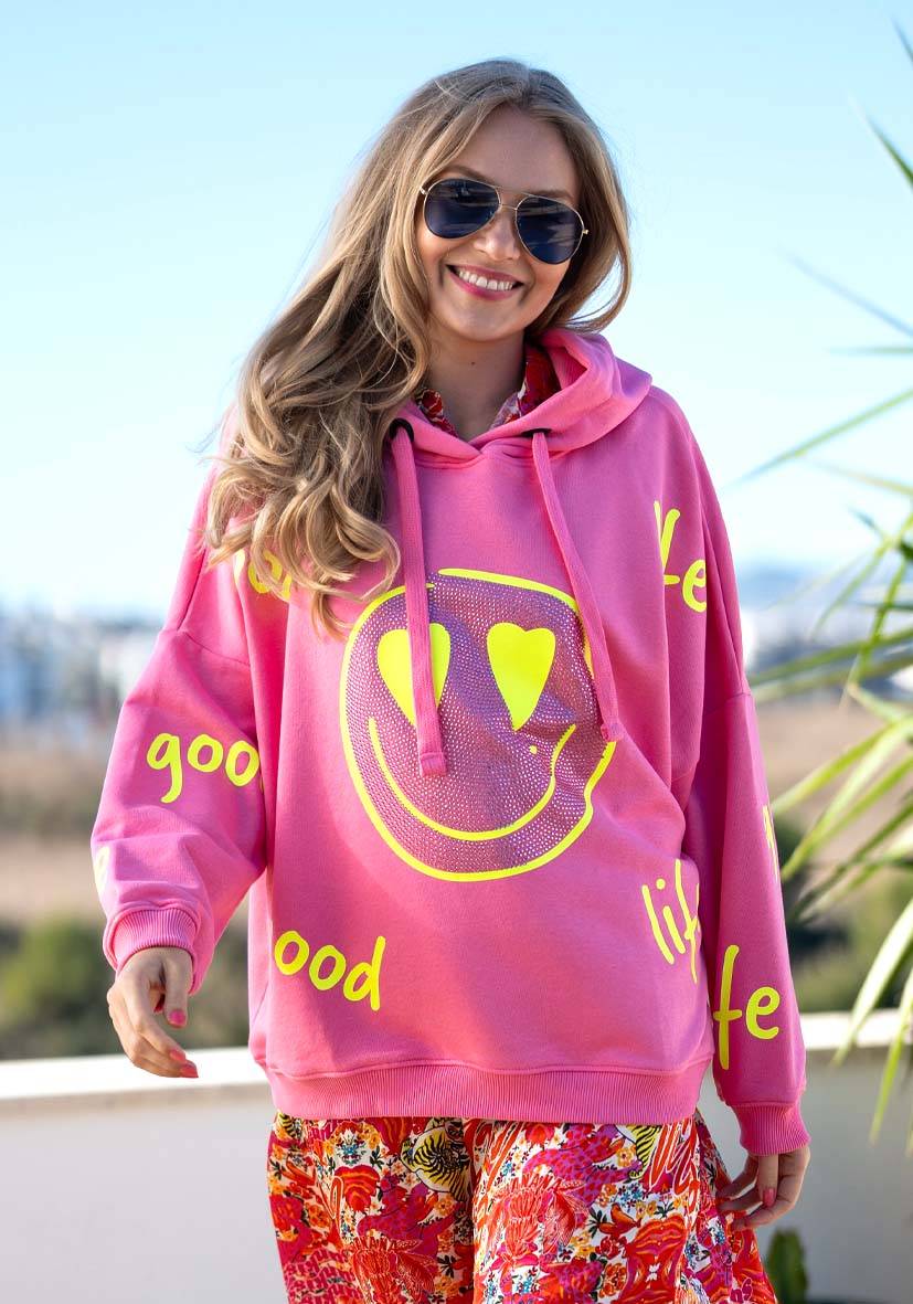 Miss Goodlife Hoodie Goodlife Heartface Strass – rose/neonyellow im Angebot