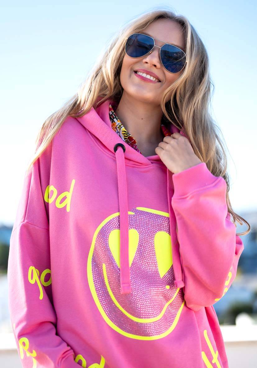 Miss Goodlife Hoodie Goodlife Heartface Strass – rose/neonyellow im Angebot
