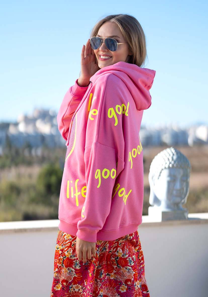 Miss Goodlife Hoodie Goodlife Heartface Strass – rose/neonyellow im Angebot