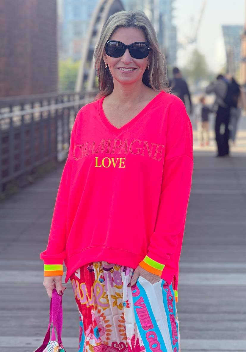 Miss Goodlife V-Neck Champagne Love Strass – neonpink/neonyellow Schlussverkauf