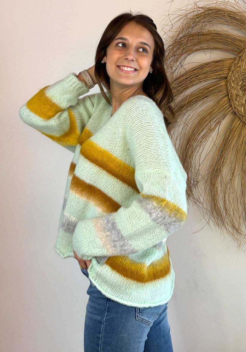Miss Goodlife Pullover gebrushed mit multicolor Stripes – mint Riesige Ersparnisse