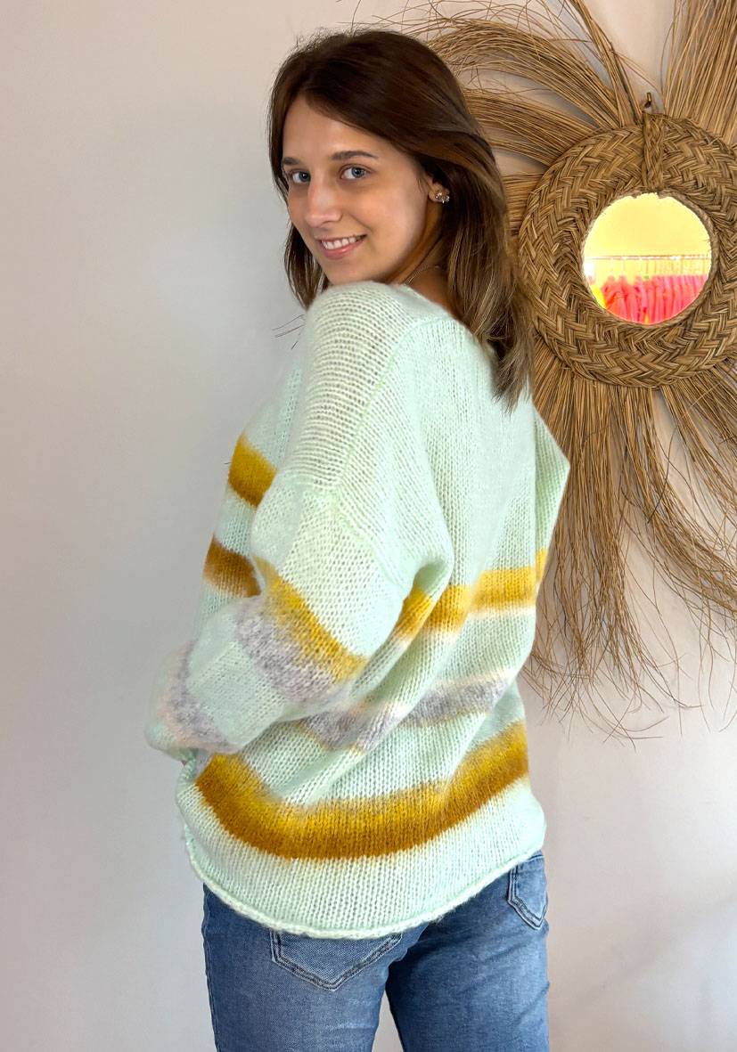 Miss Goodlife Pullover gebrushed mit multicolor Stripes – mint Riesige Ersparnisse