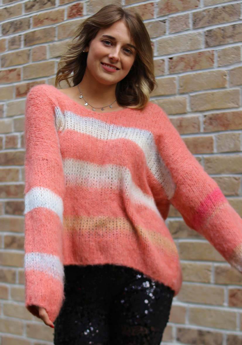 Miss Goodlife Pullover mit multicolor Stripes – apricot Tiefpreis