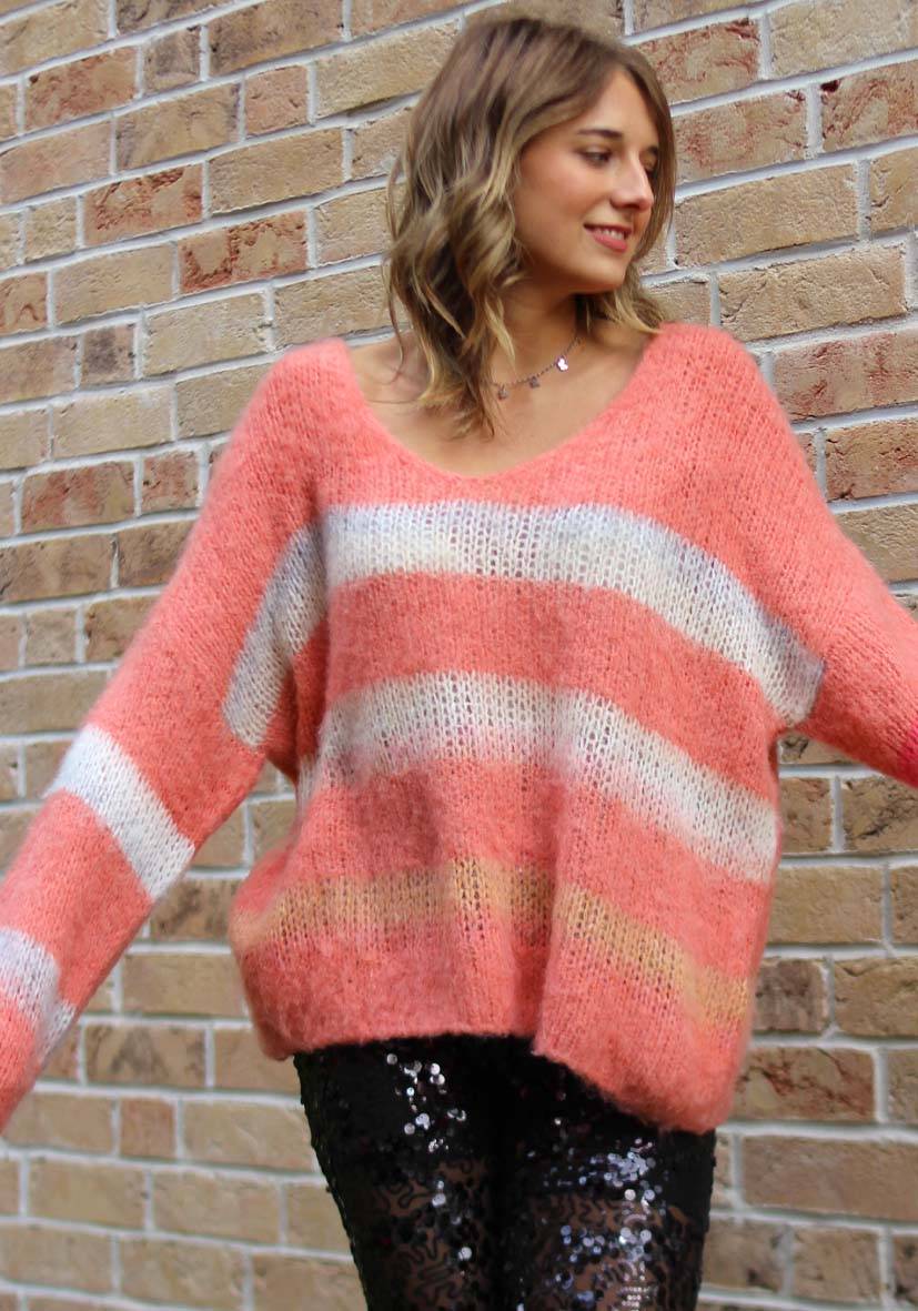 Miss Goodlife Pullover mit multicolor Stripes – apricot Tiefpreis