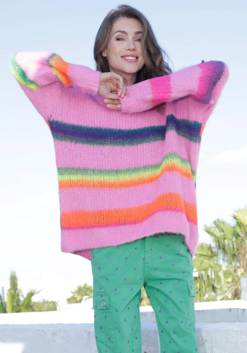 Miss Goodlife Pullover gebrushed mit multicolor Stripes – pink Wochenangebot