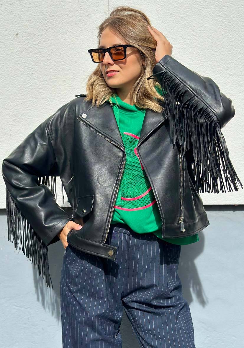 Miss Goodlife Vegane Lederjacke mit Fransen – black Kostenloser Versand