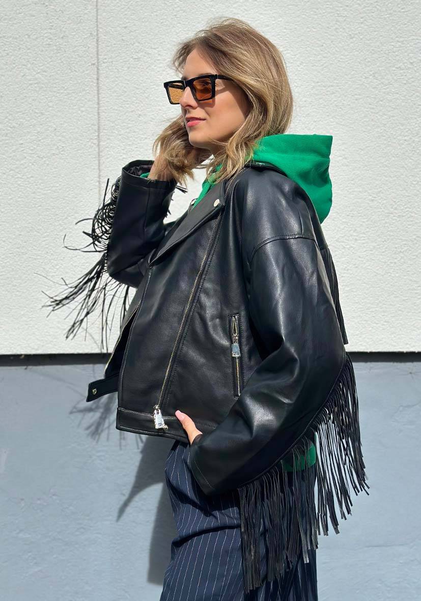 Miss Goodlife Vegane Lederjacke mit Fransen – black Kostenloser Versand