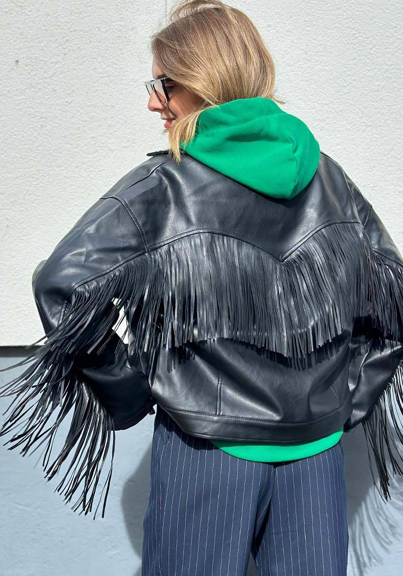 Miss Goodlife Vegane Lederjacke mit Fransen – black Kostenloser Versand