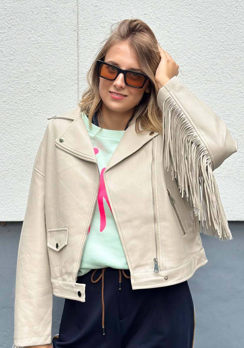 Miss Goodlife Vegane Lederjacke mit Fransen – beige Limitierter Zeitrabatt