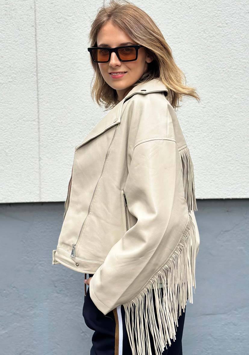 Miss Goodlife Vegane Lederjacke mit Fransen – beige Limitierter Zeitrabatt