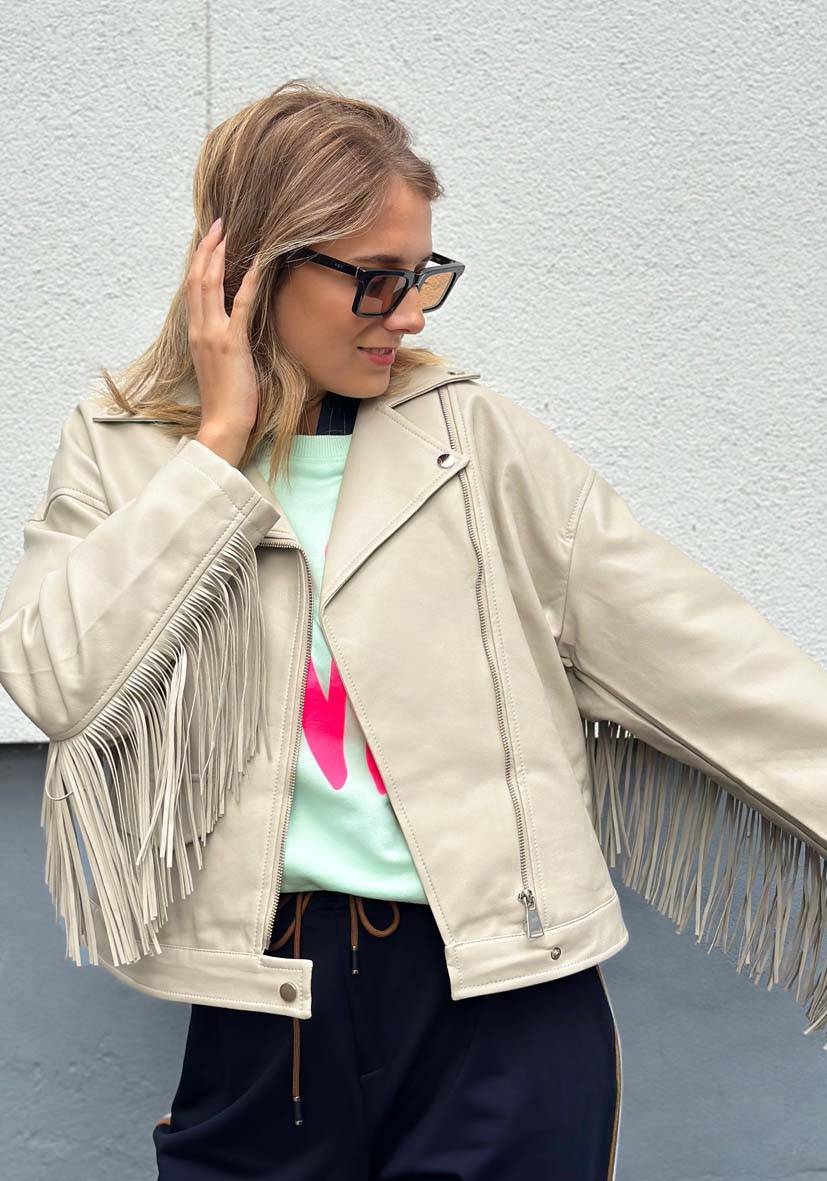Miss Goodlife Vegane Lederjacke mit Fransen – beige Limitierter Zeitrabatt