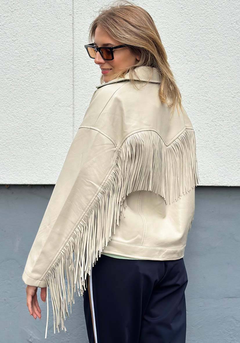 Miss Goodlife Vegane Lederjacke mit Fransen – beige Limitierter Zeitrabatt
