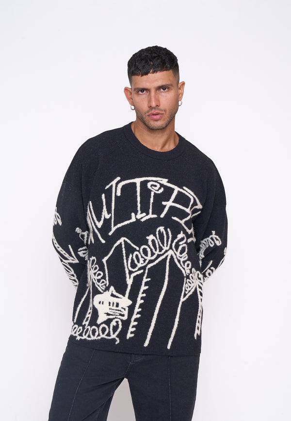 Multiply Spparel Oversize Knit Sweater DOWNTOWN Black Jubiläumsangebot