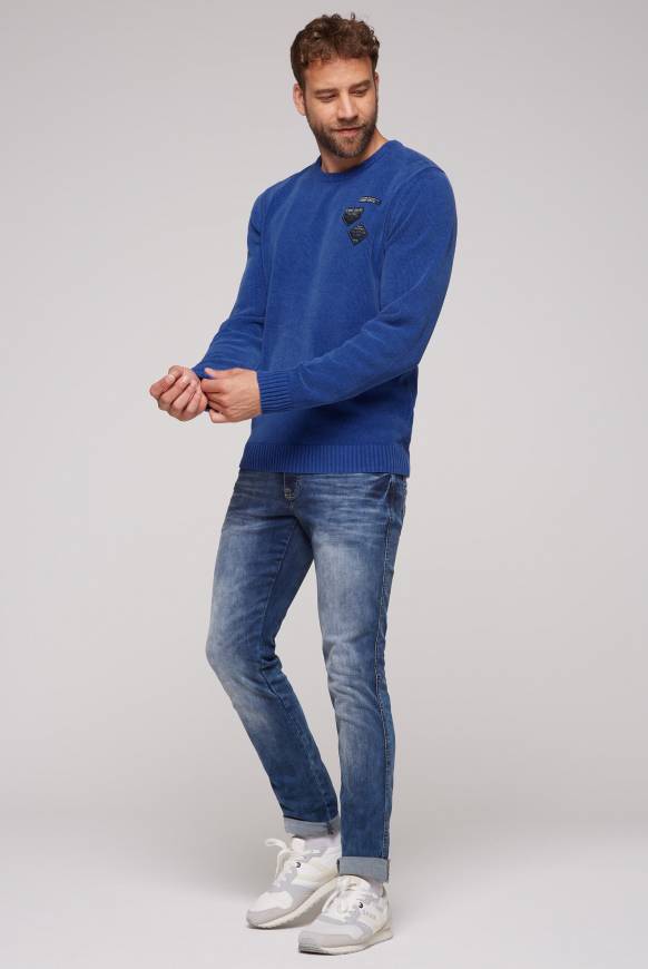 Soccx Chenille-Pullover Stone Washed mit Patches strong blue 2025