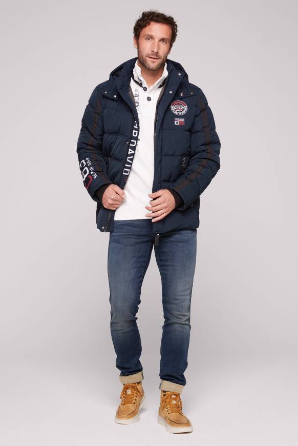 Soccx Lange Steppjacke mit Kapuze und Rücken-Artwork blue navy Kostenloser Versand