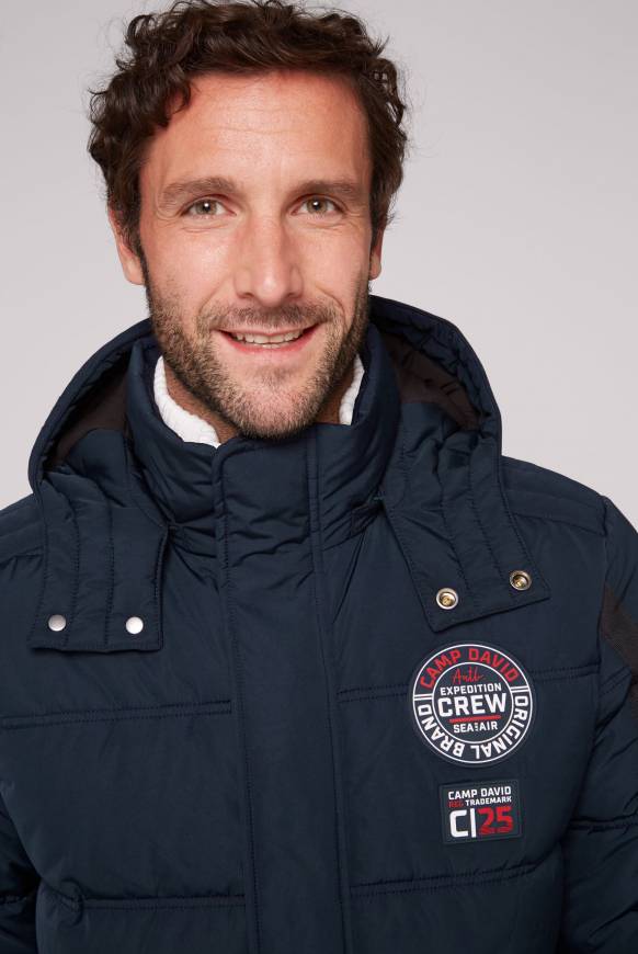 Soccx Lange Steppjacke mit Kapuze und Rücken-Artwork blue navy Kostenloser Versand