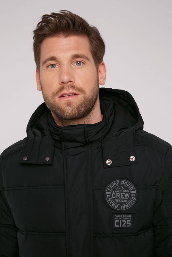 Soccx Lange Steppjacke mit Kapuze und Rücken-Artwork black Fabrikpreis