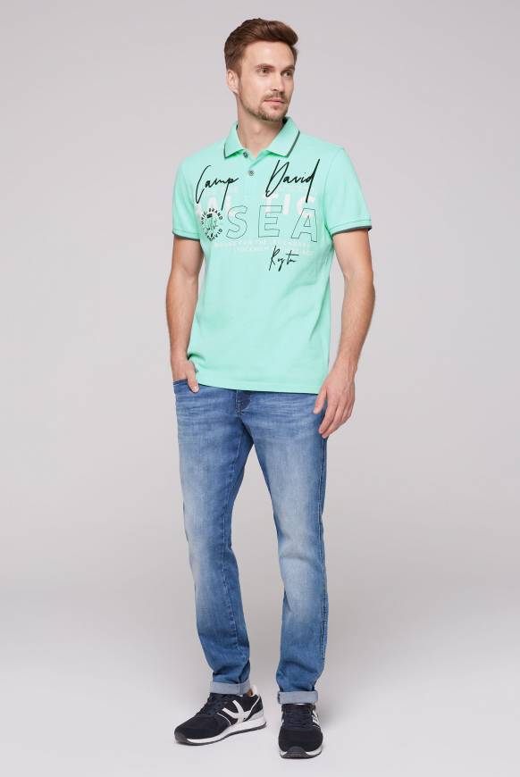 Soccx Poloshirt aus Pikee mit Rubber Print flash aqua Sonderangebot der Fabrik