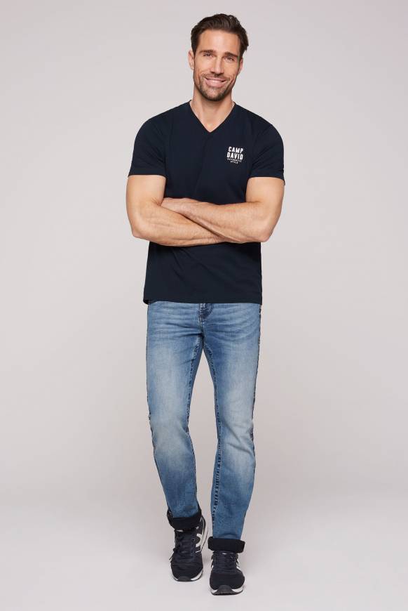 Soccx Basic T-Shirt V-Neck mit Logo Print blue navy Meist gekauft