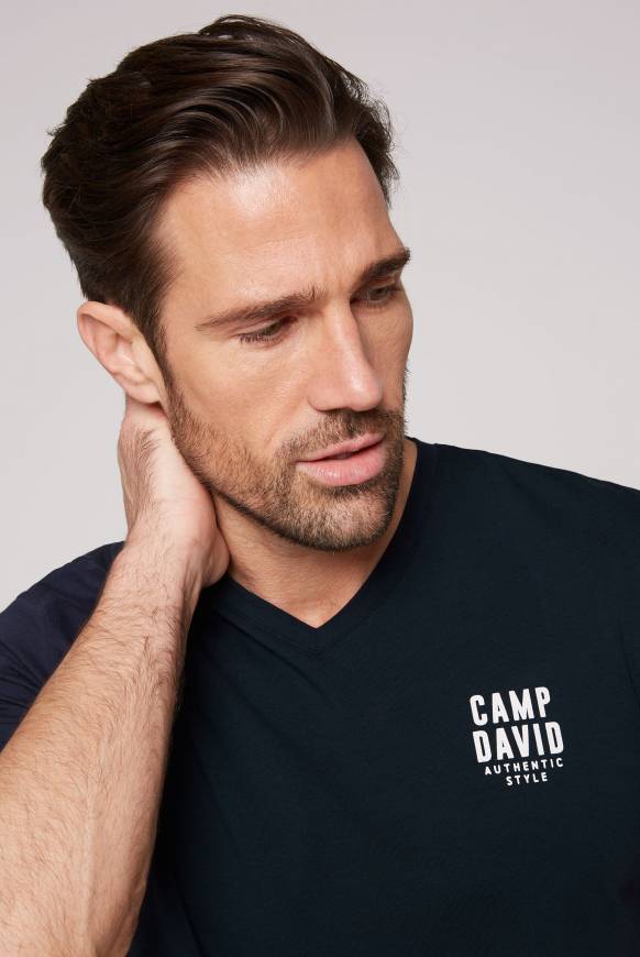 Soccx Basic T-Shirt V-Neck mit Logo Print blue navy Meist gekauft