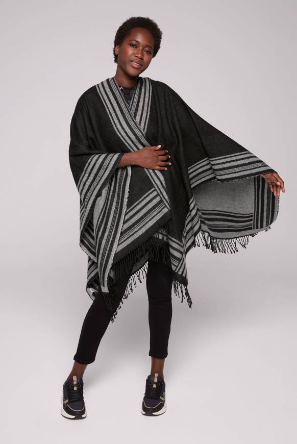 Soccx Poncho mit Streifen-Design und Fransen black / grey Fabrikverkauf