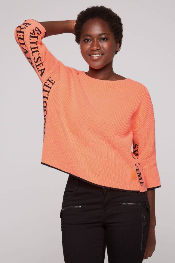 Soccx Stone Washed Pullover mit Intarsia-Design neon orange Sonderangebot