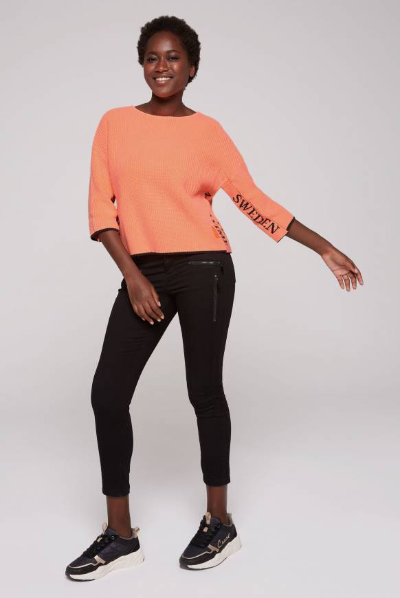 Soccx Stone Washed Pullover mit Intarsia-Design neon orange Sonderangebot