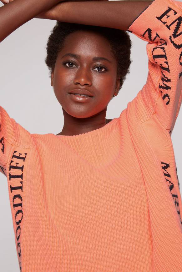 Soccx Stone Washed Pullover mit Intarsia-Design neon orange Sonderangebot