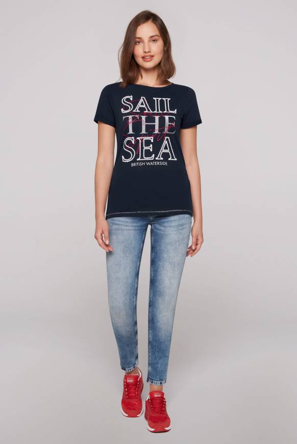 Soccx T-Shirt mit U-Boot-Ausschnitt und Glossy-Pailletten-Print blue navy Super Sparpreis