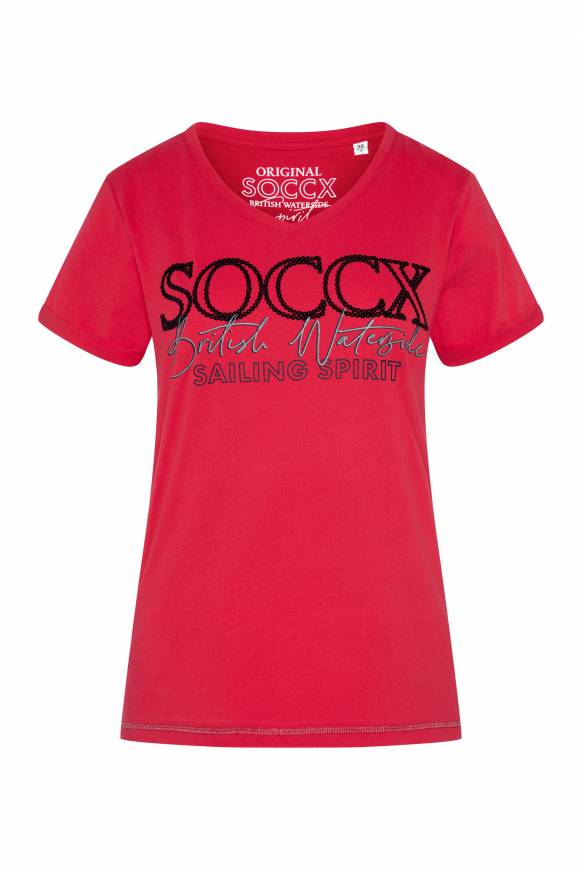 Soccx T-Shirt mit V-Ausschnitt und Glitter Print clear red Wochenangebot
