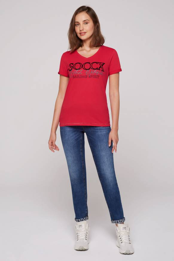 Soccx T-Shirt mit V-Ausschnitt und Glitter Print clear red Wochenangebot